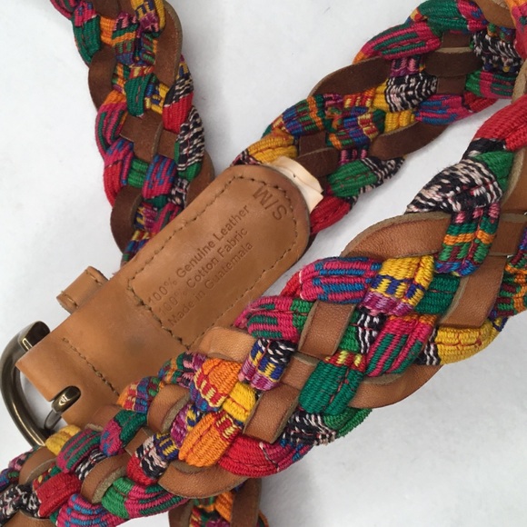 Tan Leather Strip & Colorful Bungee Cord Braided Belt With Heavy Metal Buckle - Picture 4 of 4